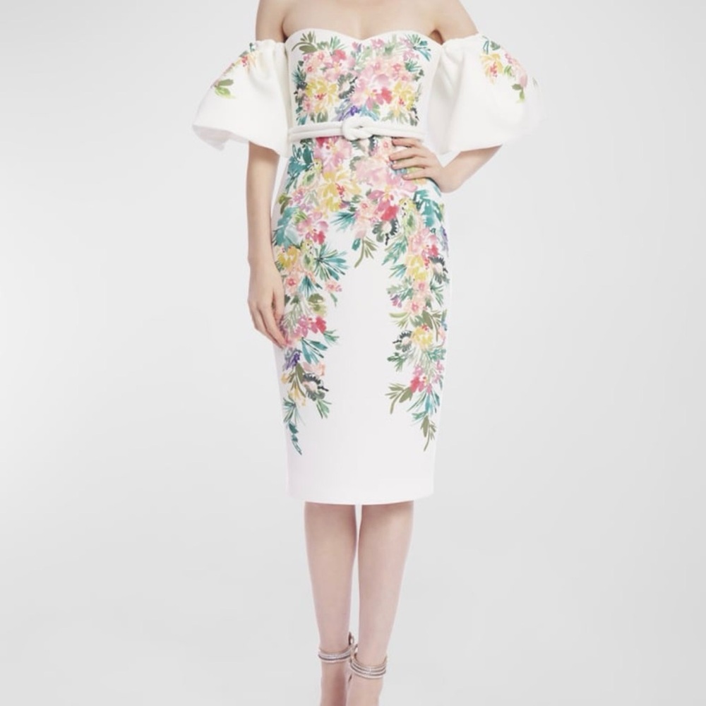 Badgley Mischka Floral Off-Shoulder Midi Dress